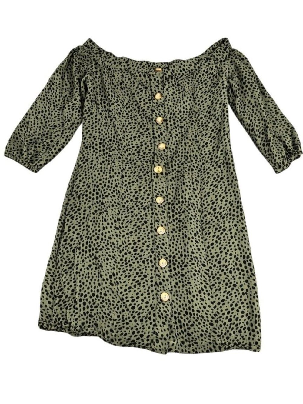 Wrangler Retro Green Off-Shoulder Button-Front Dress Polka Dot Pattern Medium